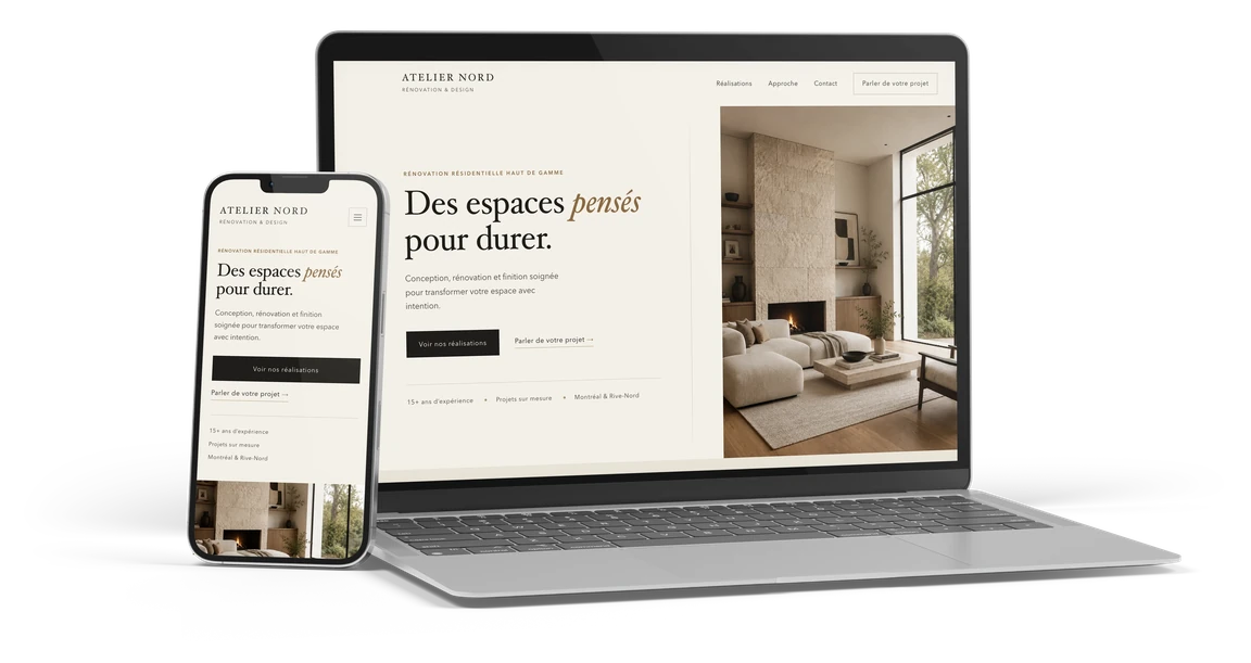 Un site de studio de rénovation affiché sur un portable et un téléphone